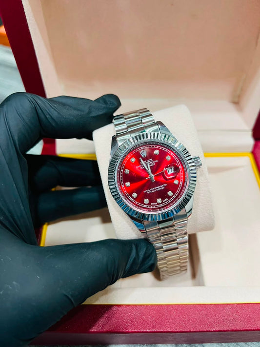 Premium Silver Chain, Red Dial Men's Watch