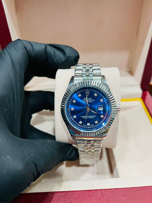 Luxury Silver Blue Dial Men's Stainless Steel Watch