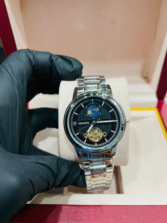 Classic Silver Skeleton Black Dial Watch
